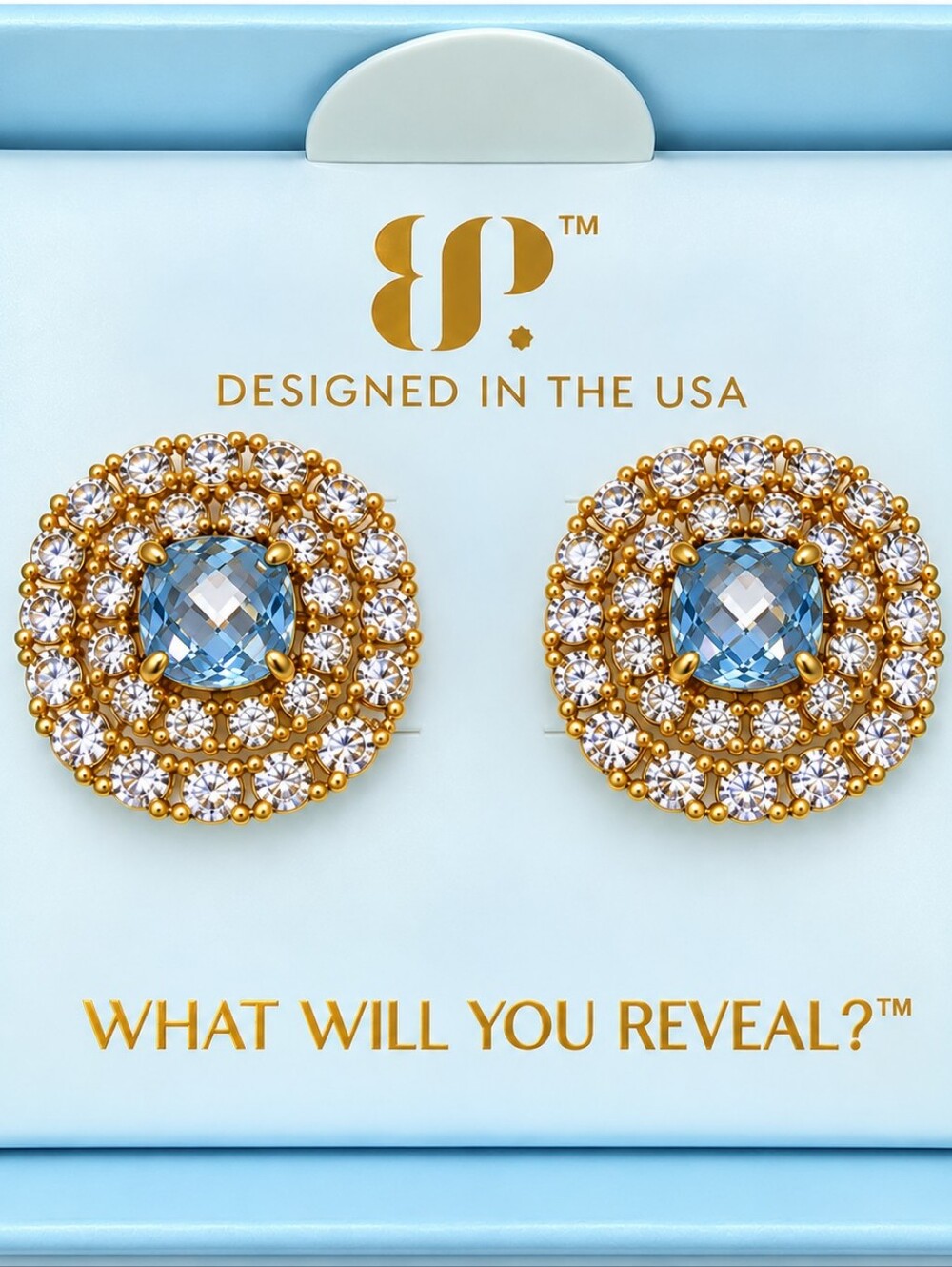 Bomb Party The Blair Studs Aquamarine CZ Gold Plated Earrings NWT